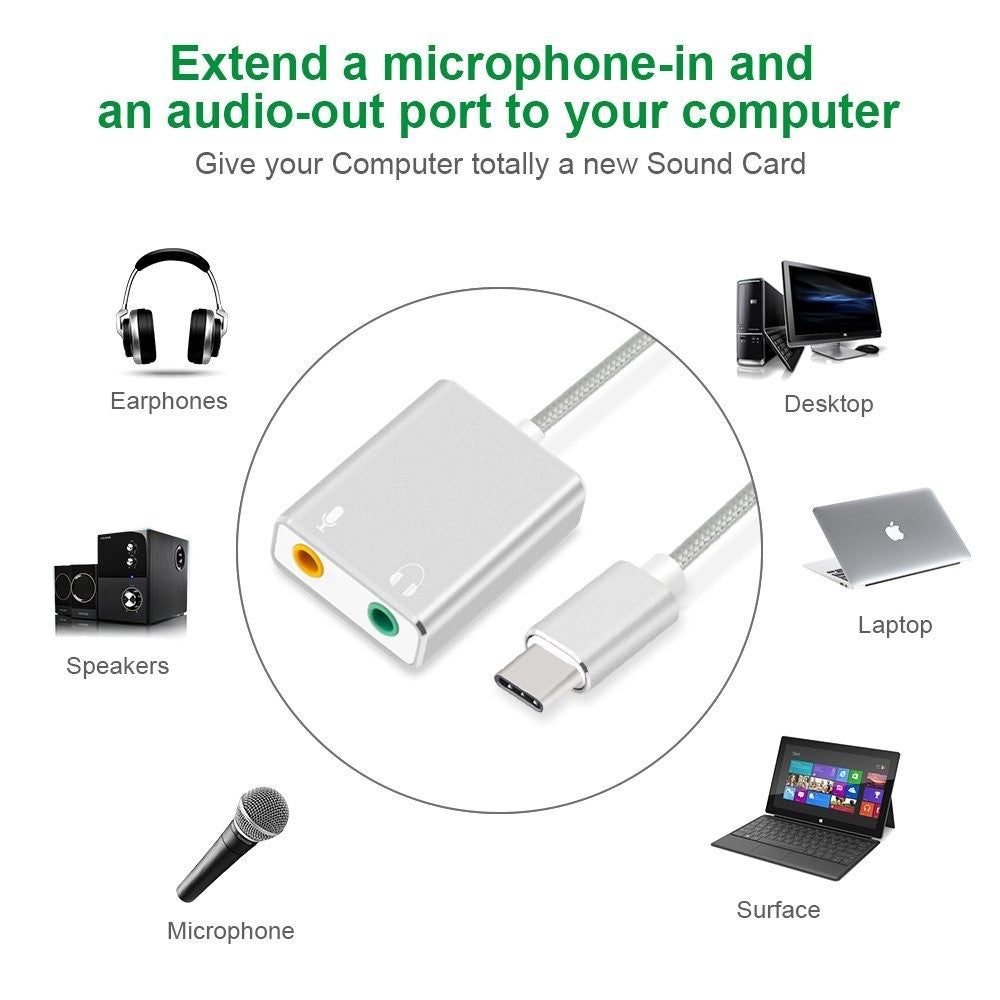 Typ-C ljudadapter extern stereoljudkortsadapter med 3,5 mm hörlursuttag och mikrofonuttag