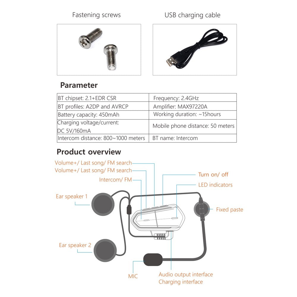 Motorcycle Helmet Bluetooth-compatible Headset Intercom with FM Radio Motorbike Walkie Talkie