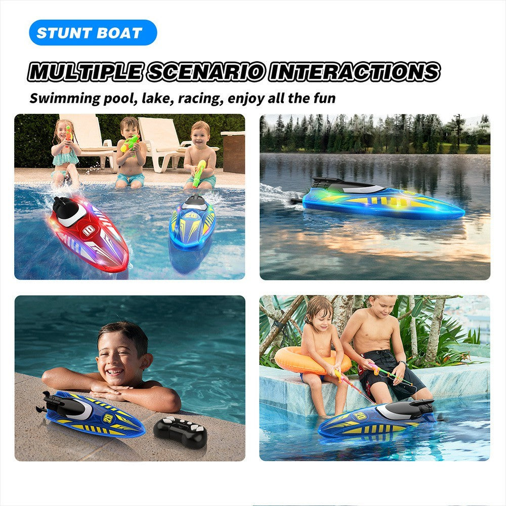 V777 2.4G Remote Control Stunt Boat Toy with 2 Batteries High Speed Electric RC Boat with RGB LED Light for Children