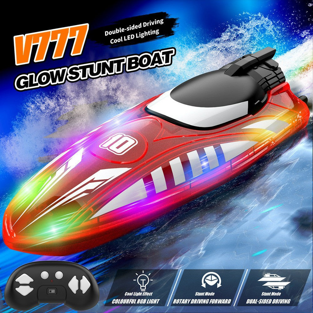 V777 2.4G Remote Control Stunt Boat Toy with 2 Batteries High Speed Electric RC Boat with RGB LED Light for Children