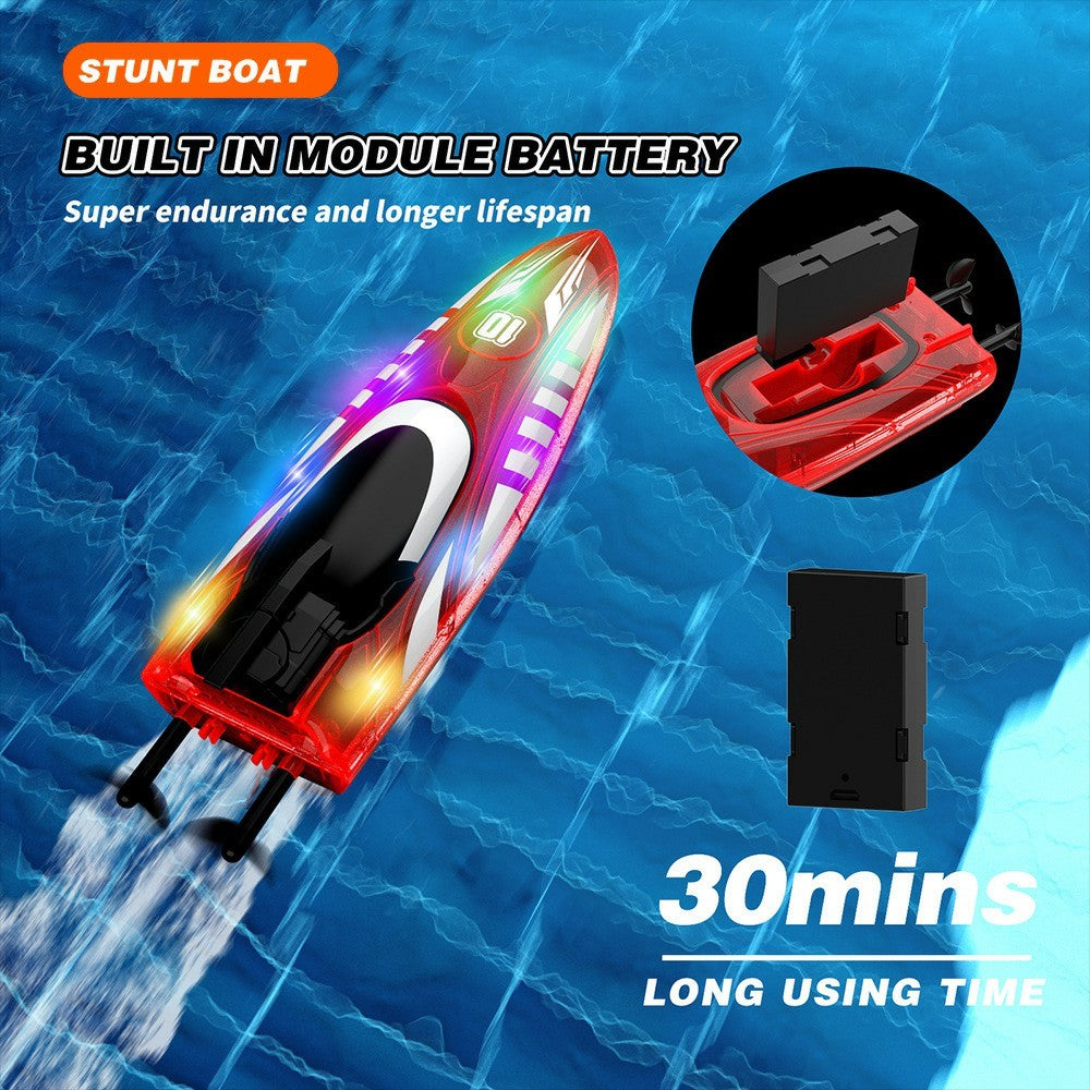 V777 2.4G Remote Control Stunt Boat Toy with 2 Batteries High Speed Electric RC Boat with RGB LED Light for Children