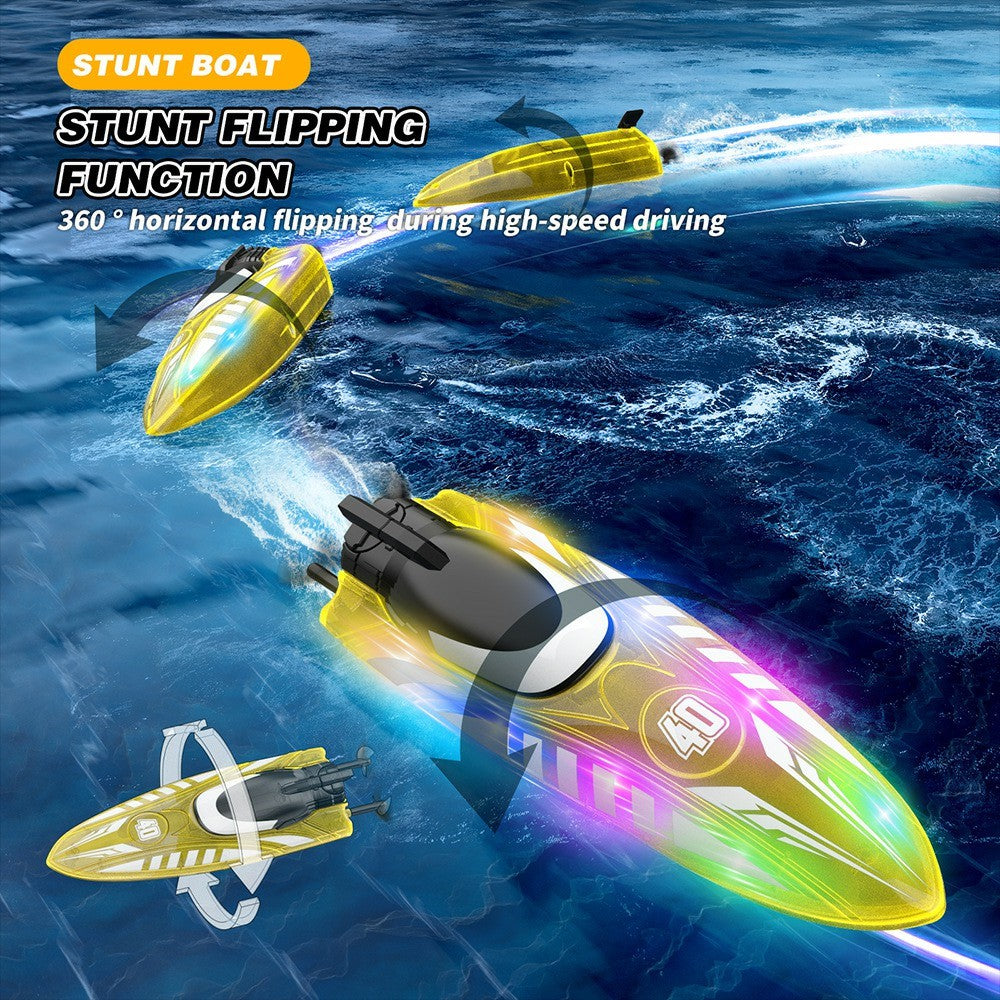 V777 2.4G Remote Control Stunt Boat Toy with 2 Batteries High Speed Electric RC Boat with RGB LED Light for Children