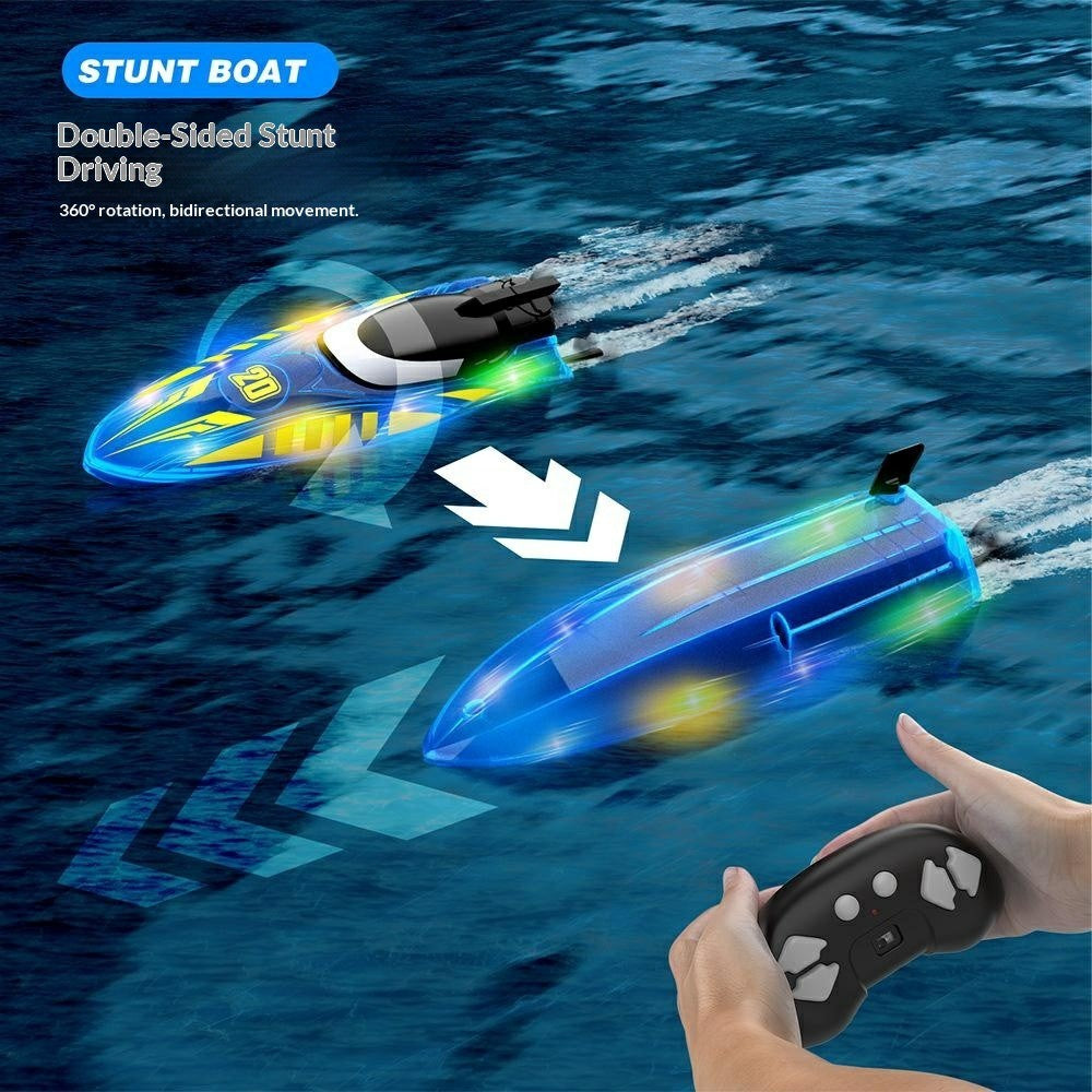 V777 2.4G Remote Control Stunt Boat Toy with 2 Batteries High Speed Electric RC Boat with RGB LED Light for Children