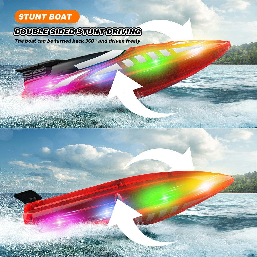 V777 2.4G Remote Control Stunt Boat Toy with 2 Batteries High Speed Electric RC Boat with RGB LED Light for Children