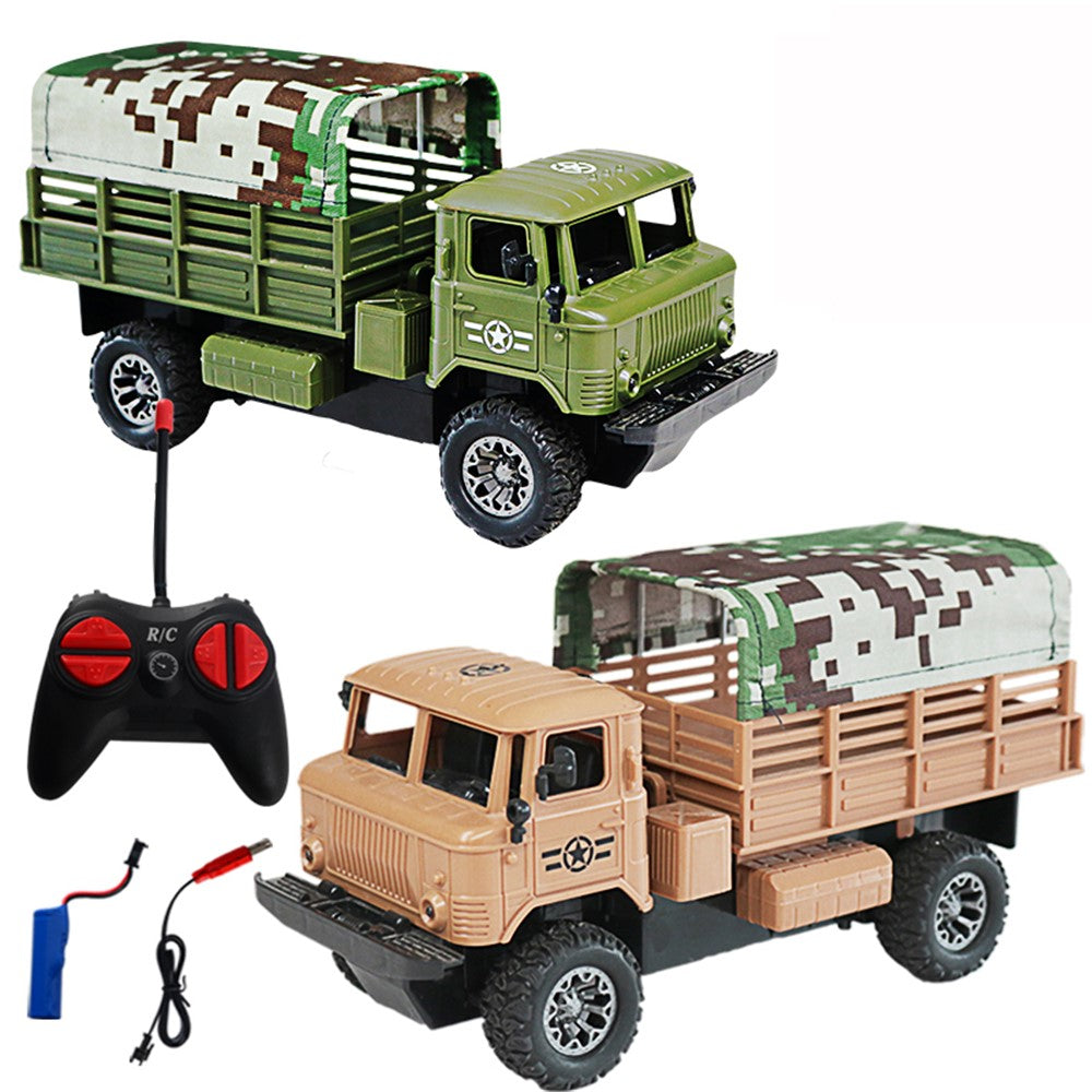 Fyrkanalig fjärrstyrd lastbilsmodellleksaker simulering elbil leksaks militär RC transportfordon