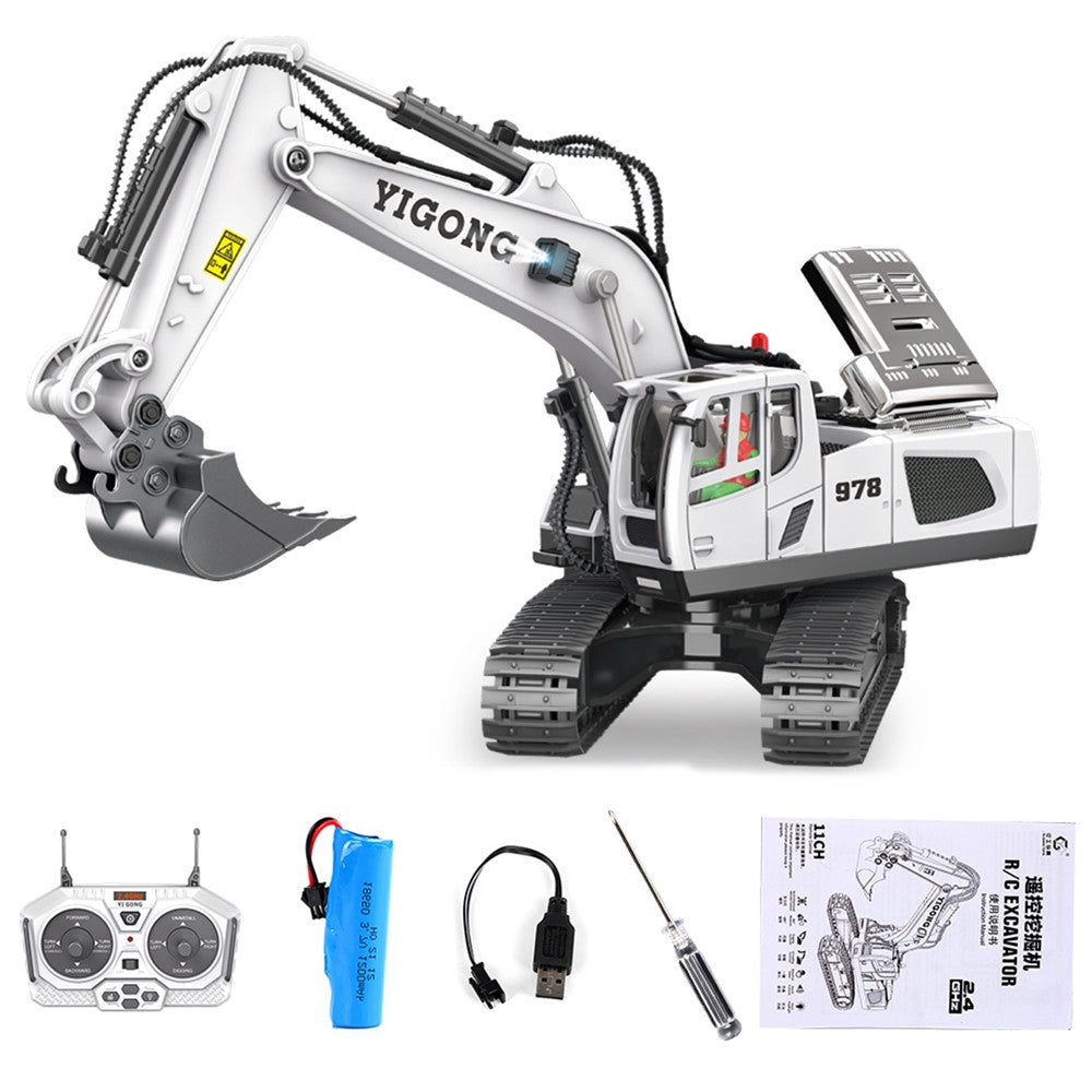 BC1043 11-kanals 2.4G RC Grävmaskin 1/20 Skala Fjärrstyrd Grävmaskin Metall Byggfordon Traktorleksaker för Pojkar och Flickor