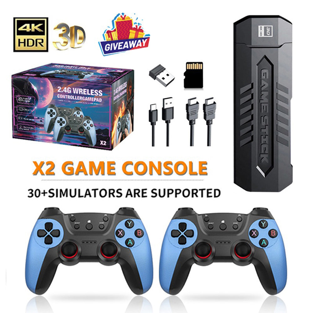 X2 Blue HD Gaming Console Trådløst TV-spilsystem til hjemmeunderholdning for to spillere, med 64 GB TF-kort