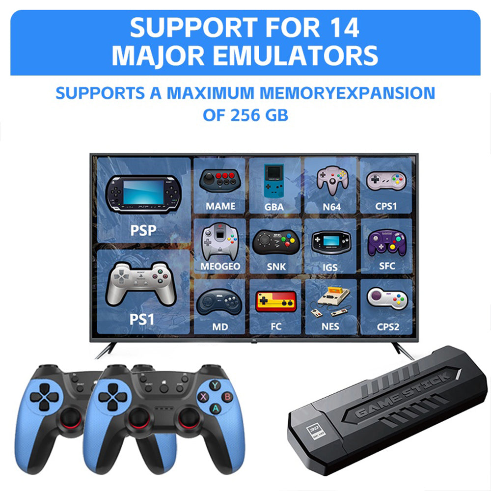 X2 Blue HD Gaming Console Trådløst TV-spilsystem til hjemmeunderholdning for to spillere, med 64 GB TF-kort