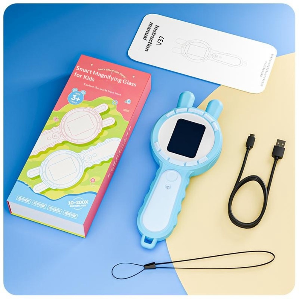 V37 Kids Digital Magnifying Glass 2" IPS HD Screen 200X Zoom 16 LED Lights Magnifiers for Science Educational Toy