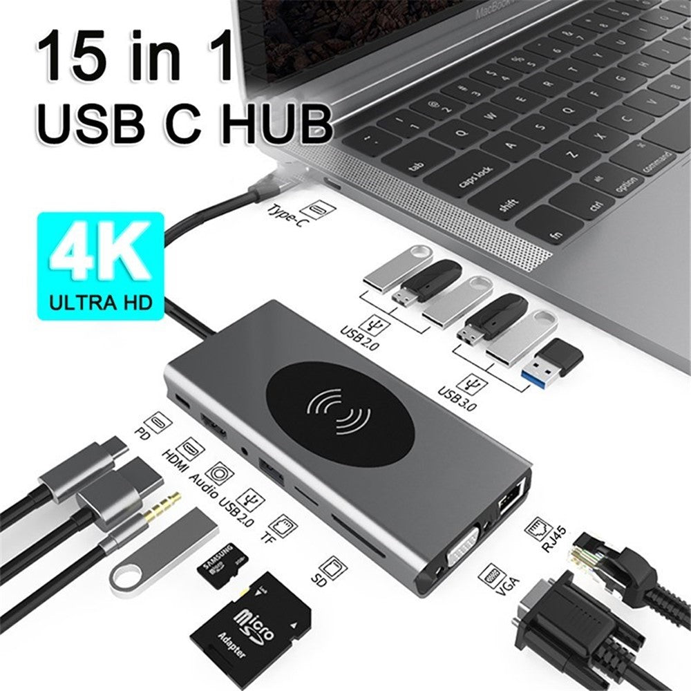 15-i-1 USB C-hubb 10 W trådlös laddare Typ C till 4K-upplösning HD-video 1080P VGA PD TF 3,5 mm-adapter USB 3.0-splitter 1000M RJ45