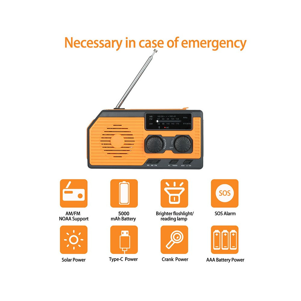 HY-068 håndsvingdrevet, solcelledrevet AM/FM/NOAA-vejr­radio med SOS-alarm, nødlamp og 5000mAh-powerbank