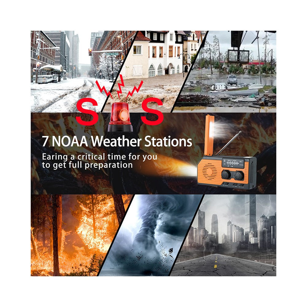 HY-068 håndsvingdrevet, solcelledrevet AM/FM/NOAA-vejr­radio med SOS-alarm, nødlamp og 5000mAh-powerbank