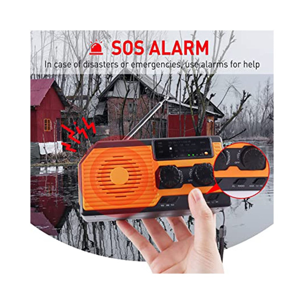 HY-068 håndsvingdrevet, solcelledrevet AM/FM/NOAA-vejr­radio med SOS-alarm, nødlamp og 5000mAh-powerbank