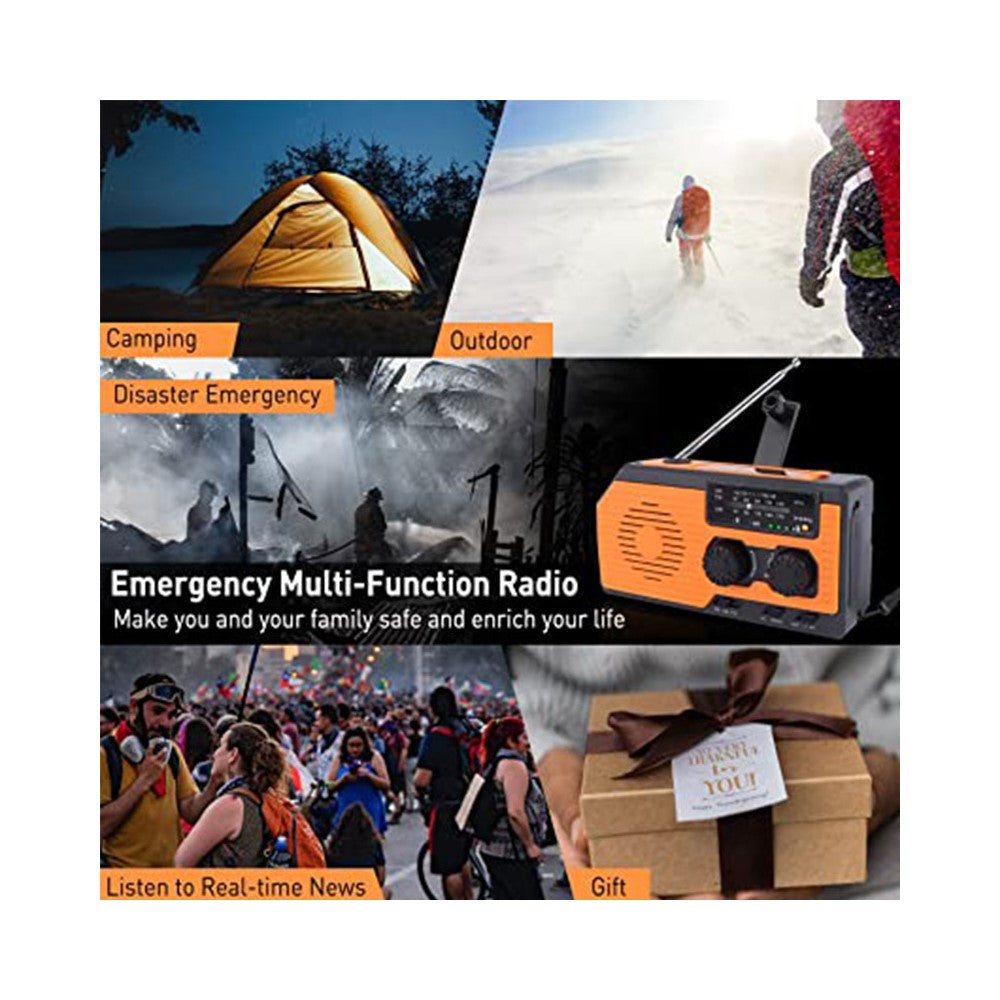 HY-068 håndsvingdrevet, solcelledrevet AM/FM/NOAA-vejr­radio med SOS-alarm, nødlamp og 5000mAh-powerbank