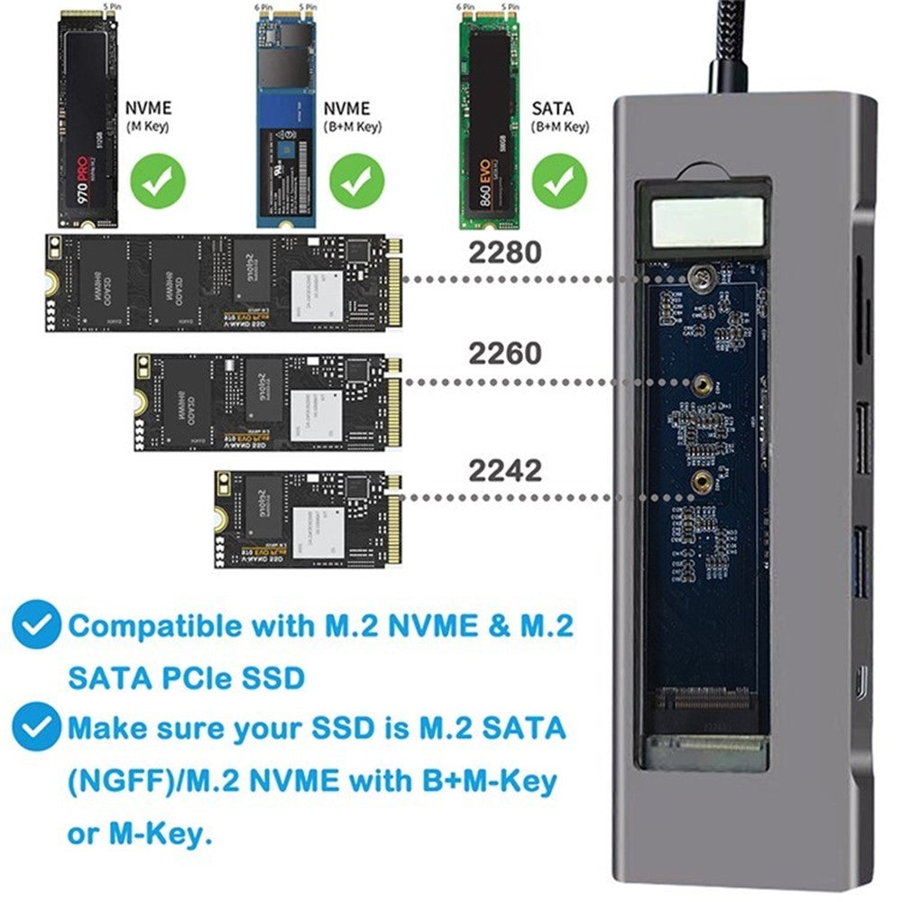 8-in-1 Multi-Port USB Type-C Hub NVME SATA M.2 Multi-function Hub Type-C Docking Station