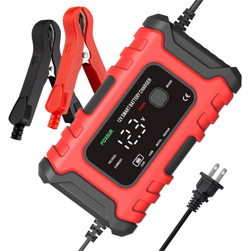 FOXSUR 12V 6A Bilbatterioplader Automatisk Smart Batterivedligeholder med LCD-display Pulsreparationsoplader til Bil, Motorcykel