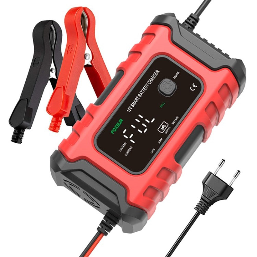 FOXSUR 12V 6A Bilbatterioplader Automatisk Smart Batterivedligeholder med LCD-display Pulsreparationsoplader til Bil, Motorcykel
