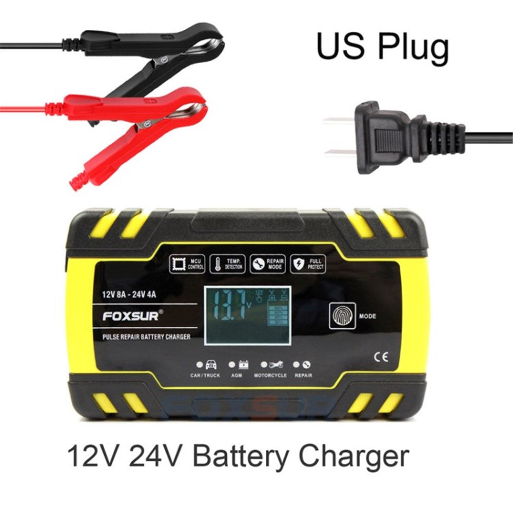 FOXSUR 24V 4A 12V 8A Full Automatic Car Battery Charger Fast Charging LCD Pulse Repair Charger