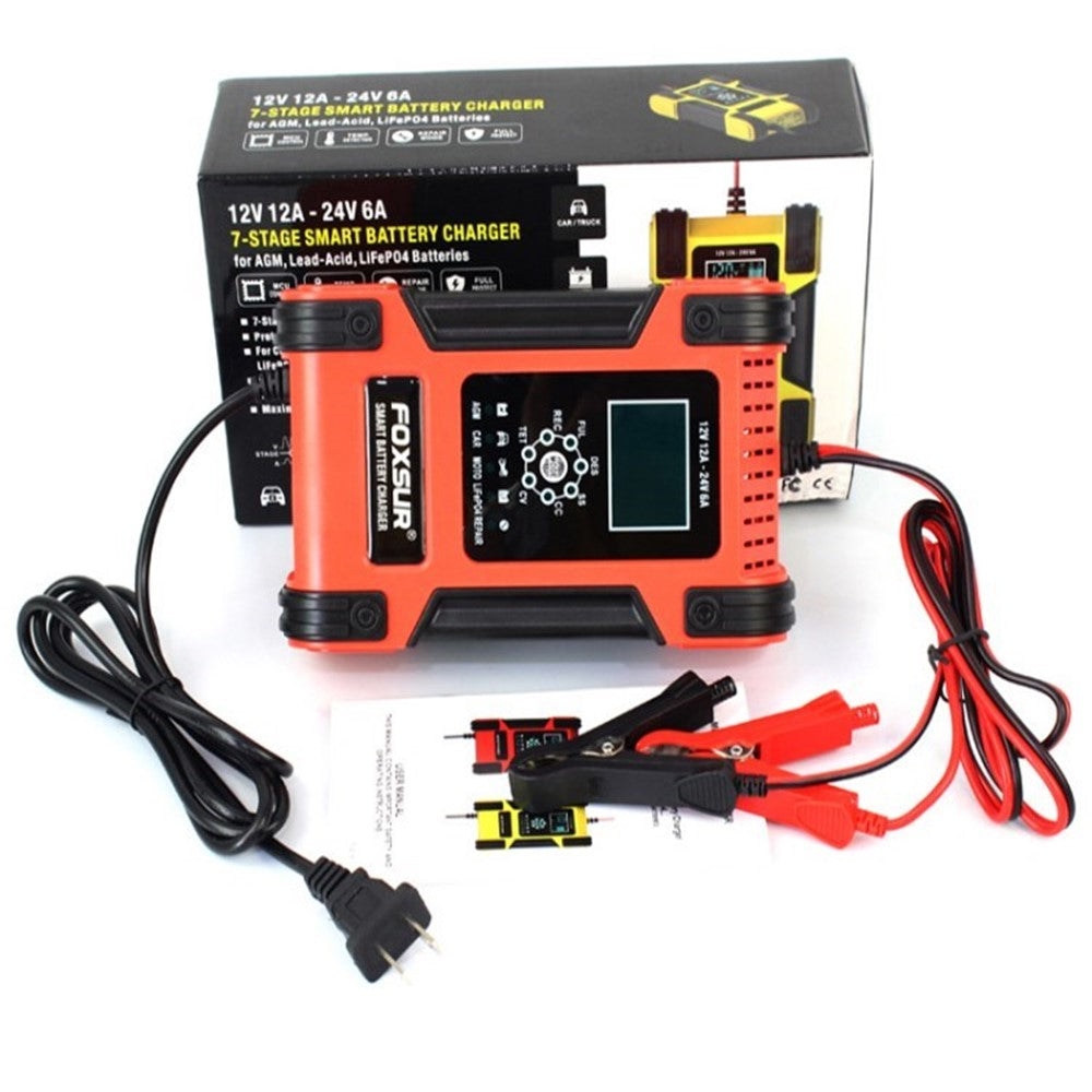 FOXSUR 12V 24V 12A Bilbatteriladdare 7-stegs smart blybatteriladdare pulsreparation underhållare