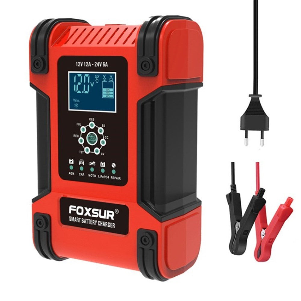 FOXSUR 12V 24V 12A Bilbatteriladdare 7-stegs smart blybatteriladdare pulsreparation underhållare