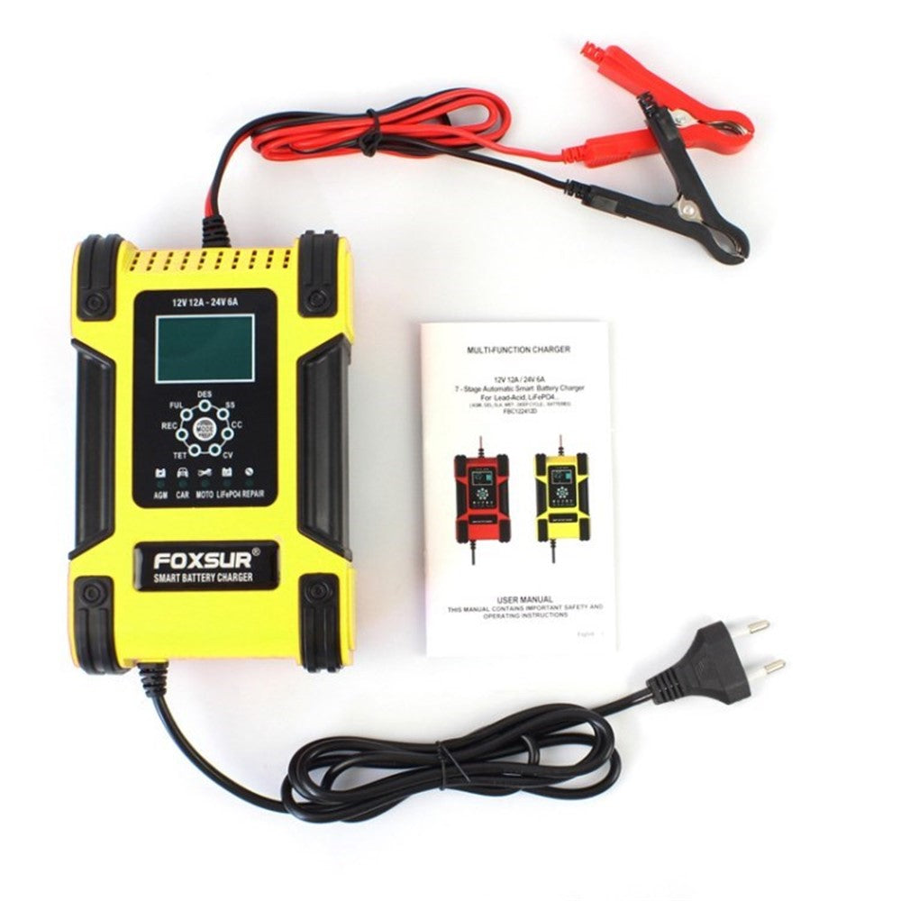 FOXSUR 12V 24V 12A Bilbatteriladdare 7-stegs smart blybatteriladdare pulsreparation underhållare