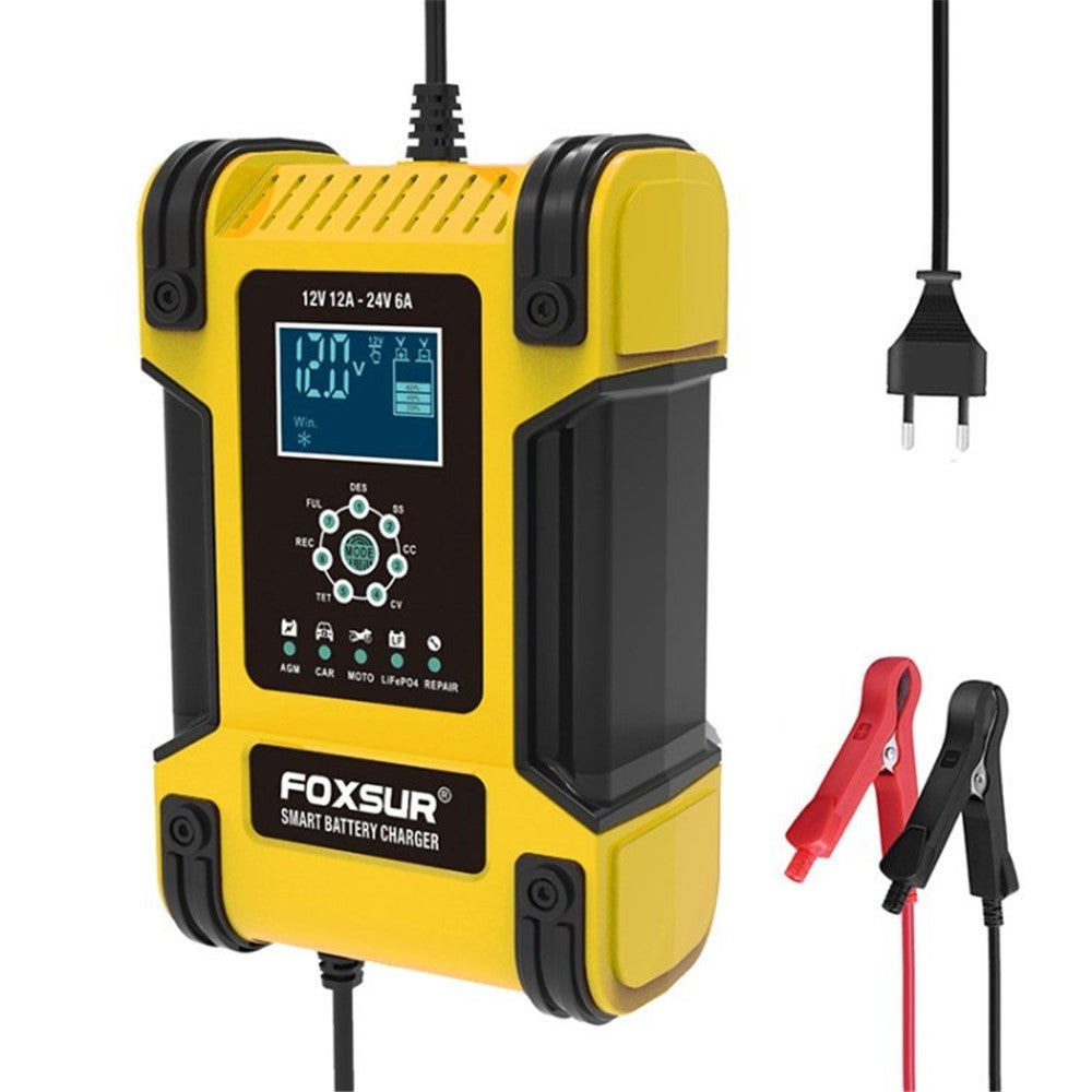 FOXSUR 12V 24V 12A Bilbatteriladdare 7-stegs smart blybatteriladdare pulsreparation underhållare