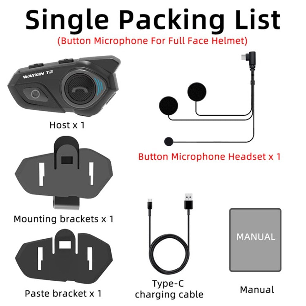 WAYXIN T2 Motorcycle Helmet Headset 2 Riders Bluetooth-Compatible Intercom