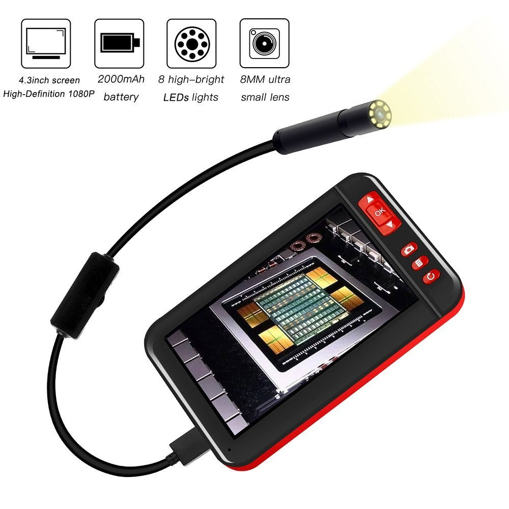 P20 4.3-inch Screen Industrial Endoscope Borescope Inspection Camera 8-LED 8mm Lens 1080P Display Screen