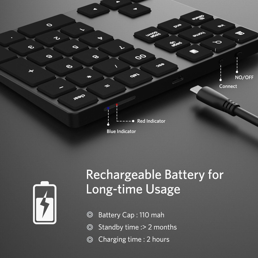 Aluminium 34-tasters trådløst numerisk Bluetooth-kompatibelt tastatur til Windows/iOS/Android