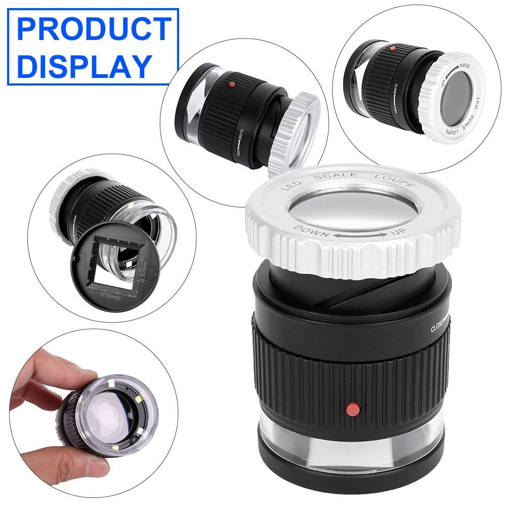 LED Scale Loupe 30X Adjustable Magnification Magnifier Metal Cylinder Type Mirror