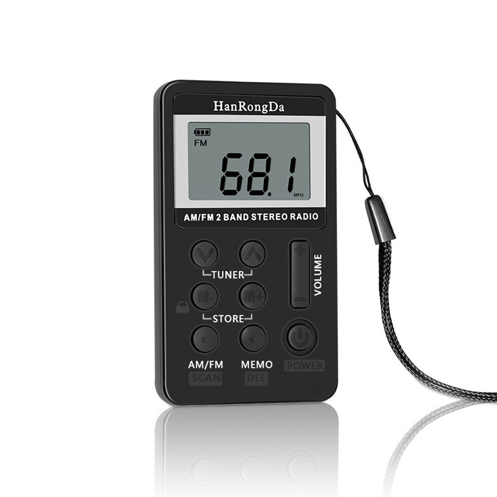 HanRongDa HRD-103 bærbar AM FM-digitalradio, genopladelig LCD-skærm, 2-bånds stereomodtager, lommradio med høretelefoner og snor