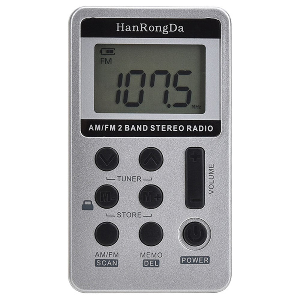 HanRongDa HRD-103 bærbar AM FM-digitalradio, genopladelig LCD-skærm, 2-bånds stereomodtager, lommradio med høretelefoner og snor