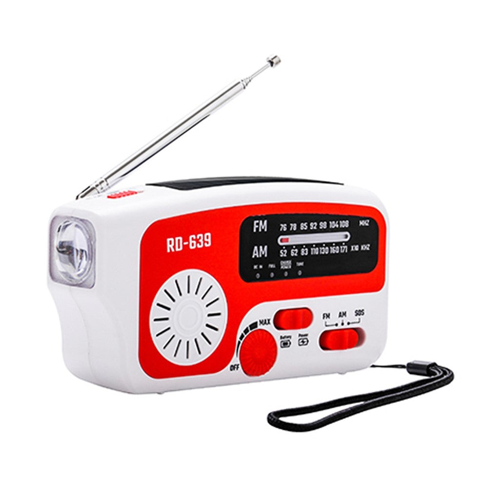 RD-639 AM/FM-nödradio, handvevad radio med ficklampa för SOS-nödsituationer, bärbar solcellsradio, självförsörjande AM/FM-radio med 1200mAh-powerbank, mobiltelefonladdare, USB-laddningsbar, utmärkt nödutrustning (inget batteri)