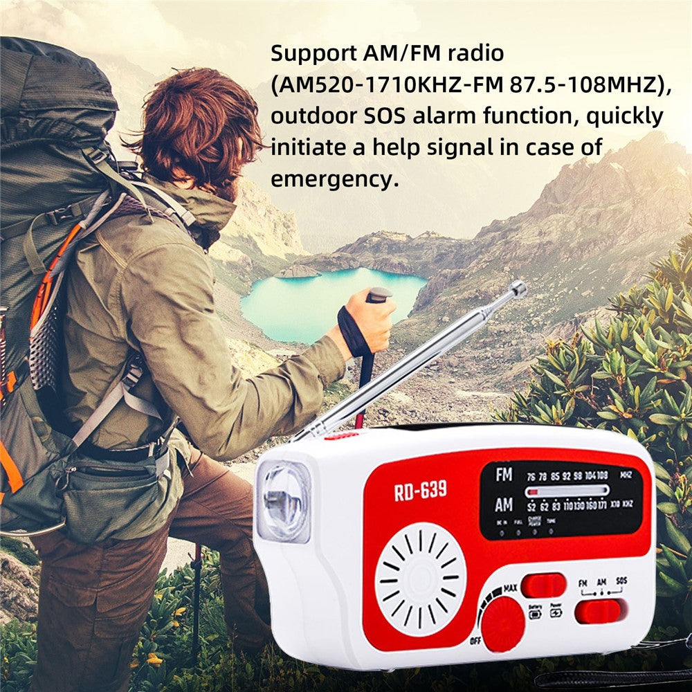 RD-639 AM/FM-nödradio, handvevad radio med ficklampa för SOS-nödsituationer, bärbar solcellsradio, självförsörjande AM/FM-radio med 1200mAh-powerbank, mobiltelefonladdare, USB-laddningsbar, utmärkt nödutrustning (inget batteri)