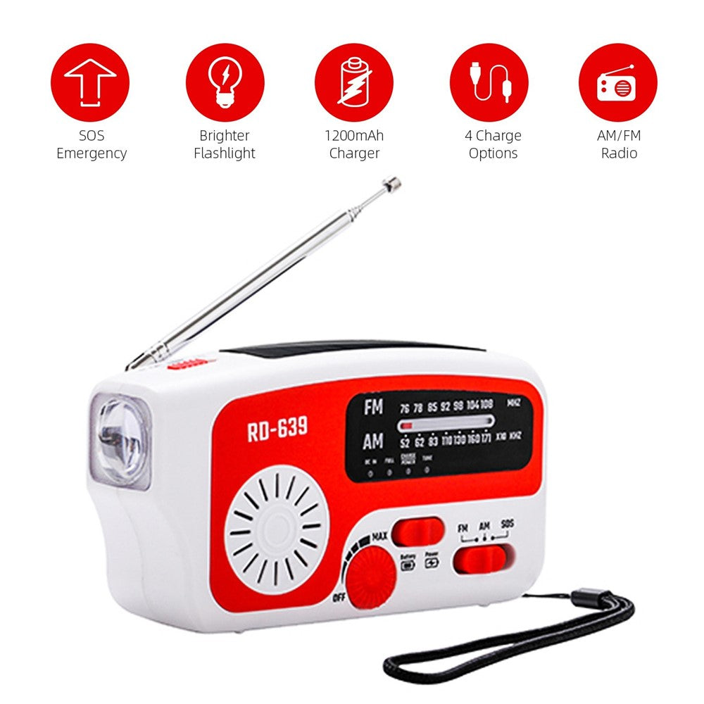RD-639 AM/FM-nödradio, handvevad radio med ficklampa för SOS-nödsituationer, bärbar solcellsradio, självförsörjande AM/FM-radio med 1200mAh-powerbank, mobiltelefonladdare, USB-laddningsbar, utmärkt nödutrustning (inget batteri)
