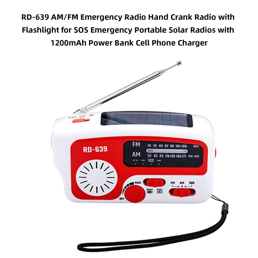 RD-639 AM/FM-nödradio, handvevad radio med ficklampa för SOS-nödsituationer, bärbar solcellsradio, självförsörjande AM/FM-radio med 1200mAh-powerbank, mobiltelefonladdare, USB-laddningsbar, utmärkt nödutrustning (inget batteri)
