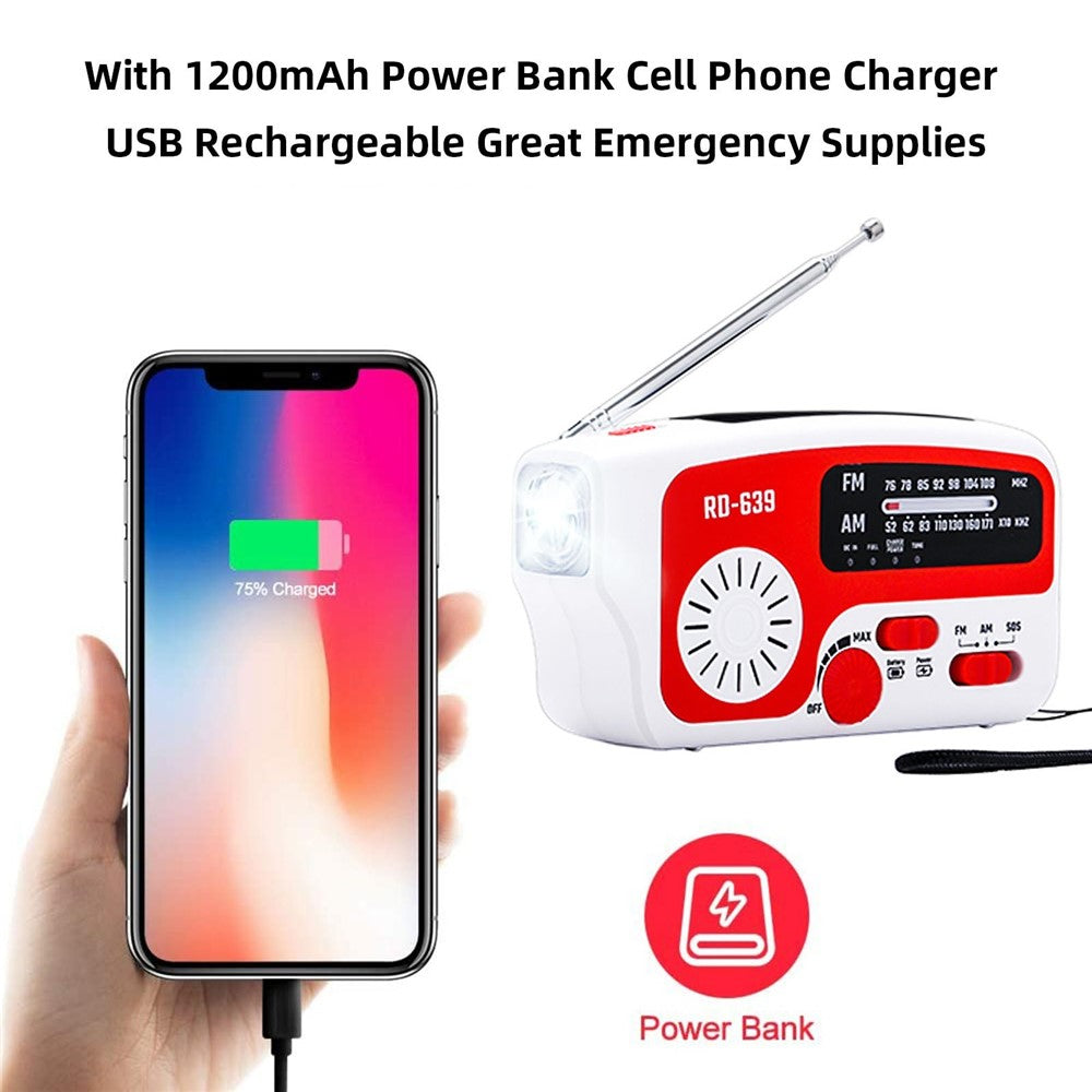 RD-639 AM/FM-nödradio, handvevad radio med ficklampa för SOS-nödsituationer, bärbar solcellsradio, självförsörjande AM/FM-radio med 1200mAh-powerbank, mobiltelefonladdare, USB-laddningsbar, utmärkt nödutrustning (inget batteri)