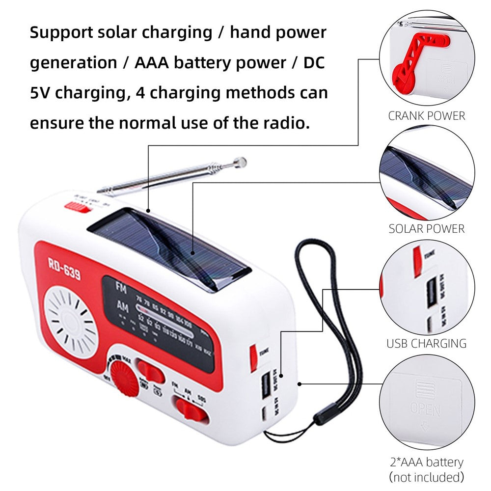 RD-639 AM/FM-nödradio, handvevad radio med ficklampa för SOS-nödsituationer, bärbar solcellsradio, självförsörjande AM/FM-radio med 1200mAh-powerbank, mobiltelefonladdare, USB-laddningsbar, utmärkt nödutrustning (inget batteri)