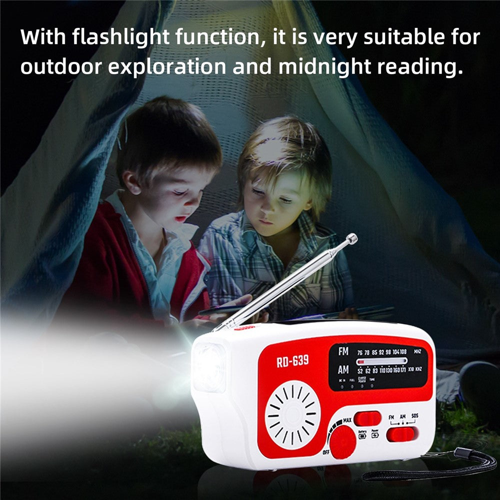 RD-639 AM/FM-nödradio, handvevad radio med ficklampa för SOS-nödsituationer, bärbar solcellsradio, självförsörjande AM/FM-radio med 1200mAh-powerbank, mobiltelefonladdare, USB-laddningsbar, utmärkt nödutrustning (inget batteri)
