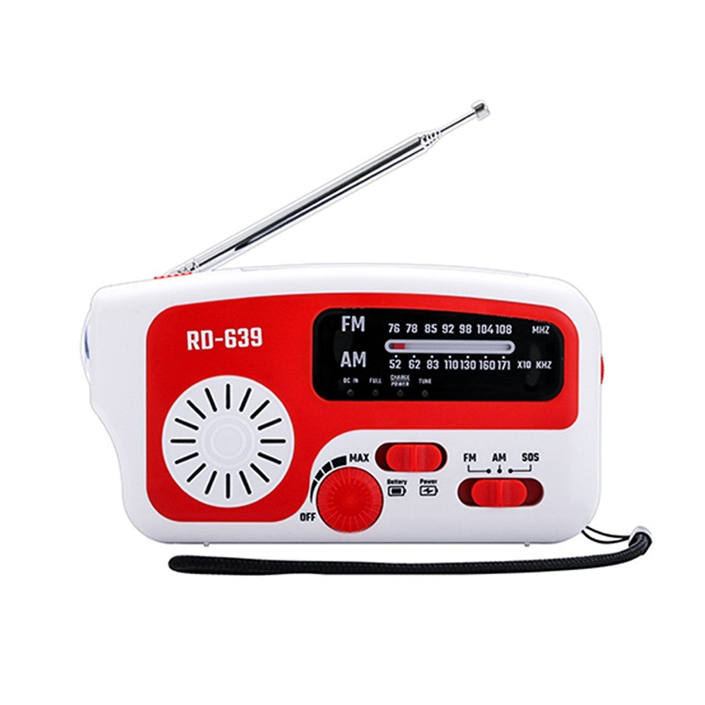 RD-639 AM/FM-nödradio, handvevad radio med ficklampa för SOS-nödsituationer, bärbar solcellsradio, självförsörjande AM/FM-radio med 1200mAh-powerbank, mobiltelefonladdare, USB-laddningsbar, utmärkt nödutrustning (inget batteri)