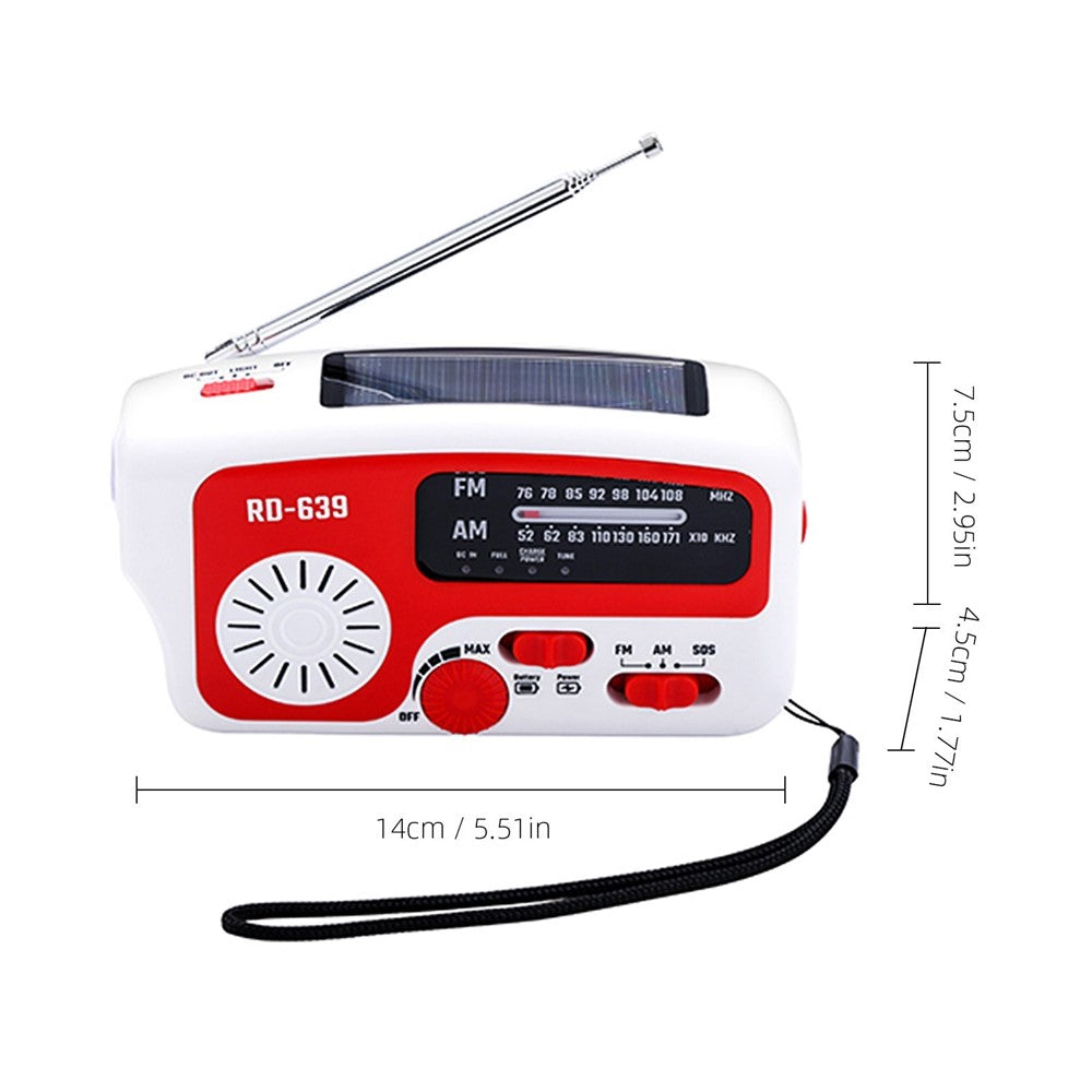 RD-639 AM/FM-nödradio, handvevad radio med ficklampa för SOS-nödsituationer, bärbar solcellsradio, självförsörjande AM/FM-radio med 1200mAh-powerbank, mobiltelefonladdare, USB-laddningsbar, utmärkt nödutrustning (inget batteri)