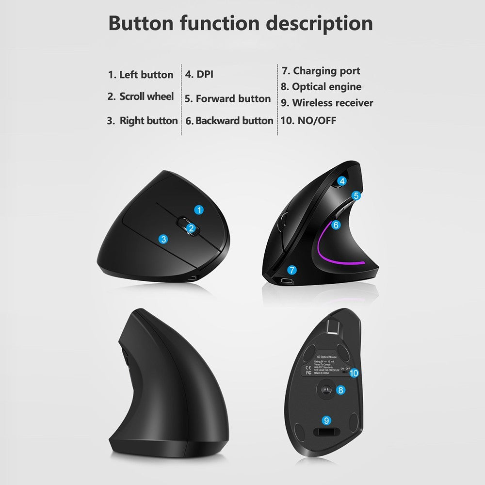 2.4G Wireless Vertical Mouse Rechargeable Mouse with 3 Adjustable DPI Levels and Auto Sleep
