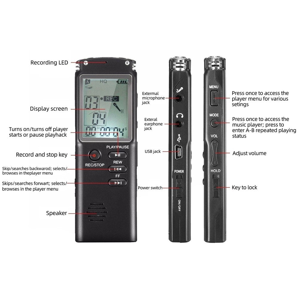 T60 32 GB støjreducerende digital stemmeaktiveret stemmeoptager, MP3-afspiller, 1536 kbps HD-optagelse, dobbelt kondensatormikrofon med WAV- og MP3-afspiller til mobiloptagelse af møder, forelæsninger, interviews og undervisning