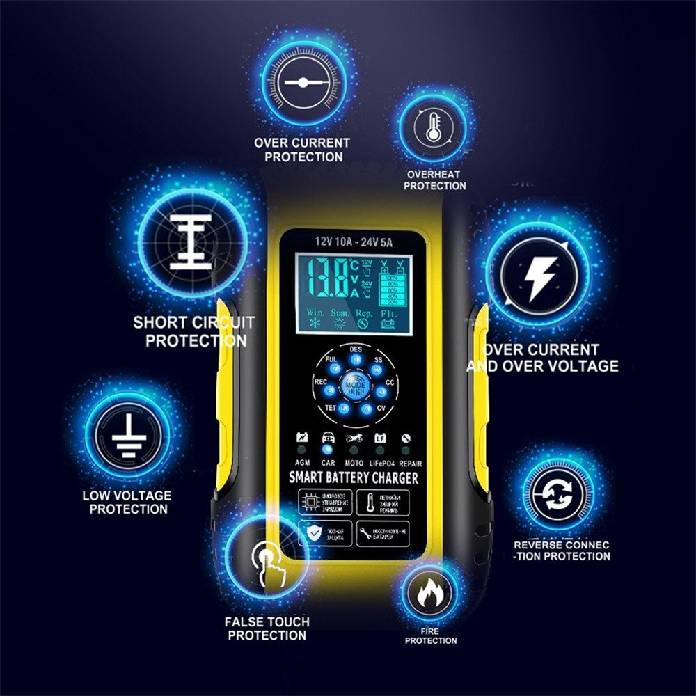 Helautomatisk smart laddare 12V/10A 24V/5A batterihållare batteriavsulfatator för bil lastbil motorcykel gräsklippare båt
