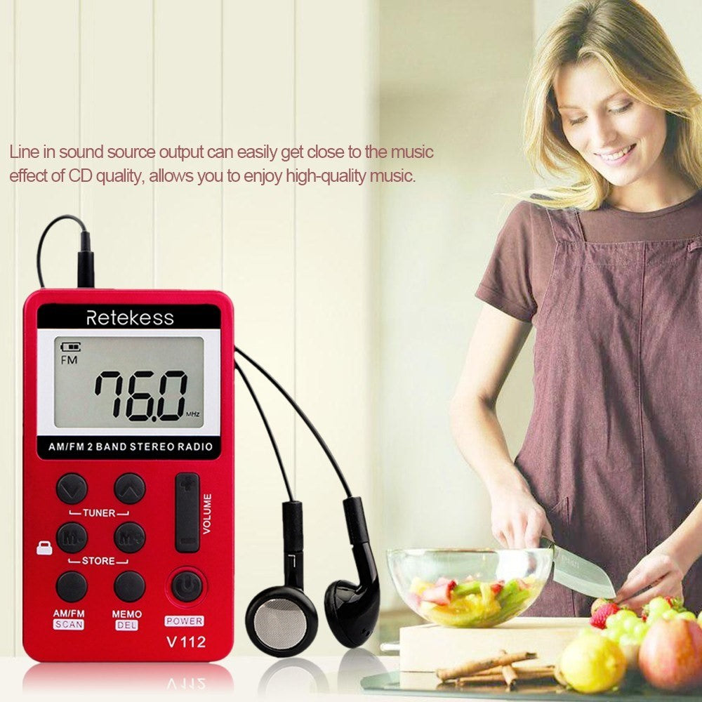 RETEKESS V-112 Bärbar AM/FM Stereoradio Fickradio 2 Band Digital Tuning Radio Minimottagare Utomhusradio med Hörlursrem LCD-skärm