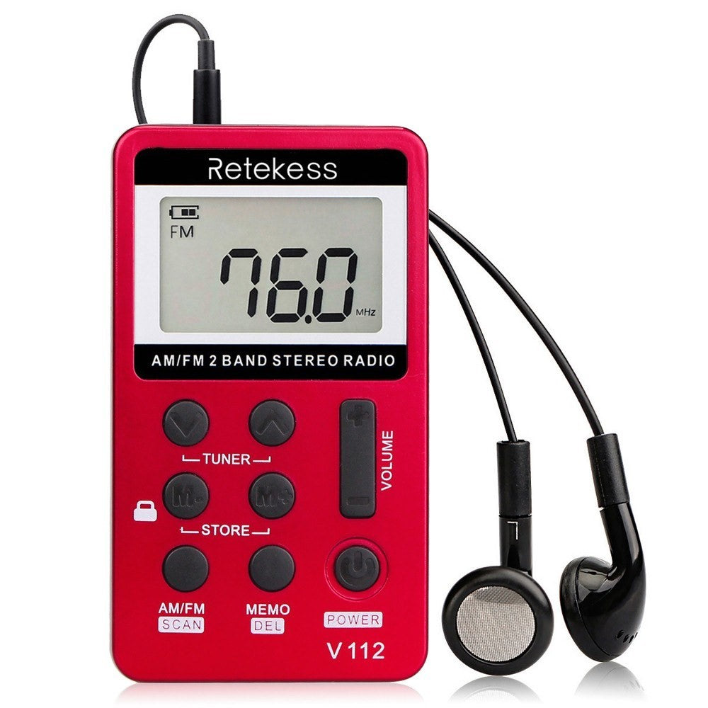 RETEKESS V-112 Bärbar AM/FM Stereoradio Fickradio 2 Band Digital Tuning Radio Minimottagare Utomhusradio med Hörlursrem LCD-skärm