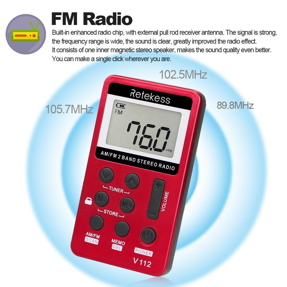 RETEKESS V-112 Bärbar AM/FM Stereoradio Fickradio 2 Band Digital Tuning Radio Minimottagare Utomhusradio med Hörlursrem LCD-skärm