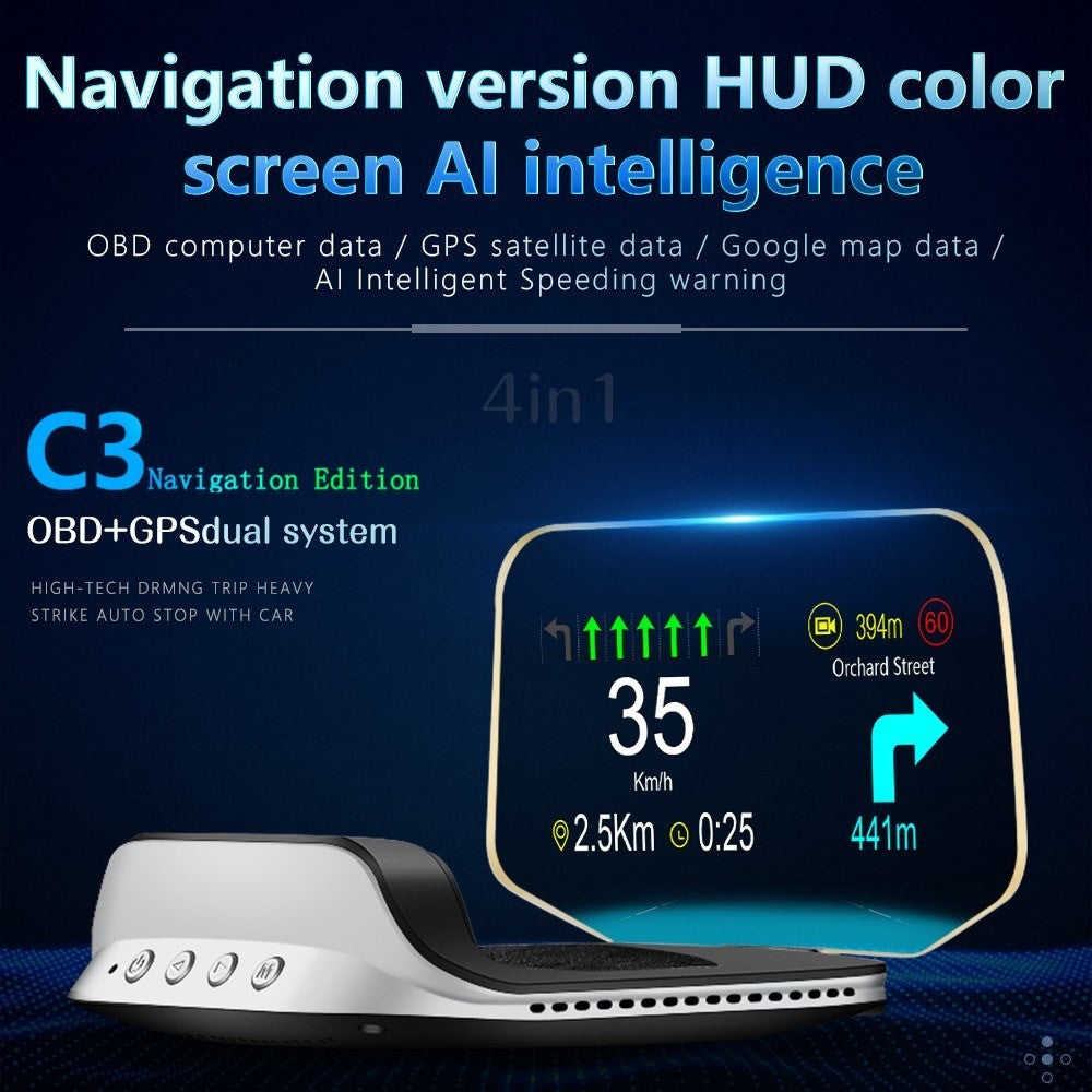 Car HUD Head Up Display Digital OBD2 GPS Interface Smart Speedometer with Over Speed Warning, Mileage Measurement, Time, Direction, Altitude