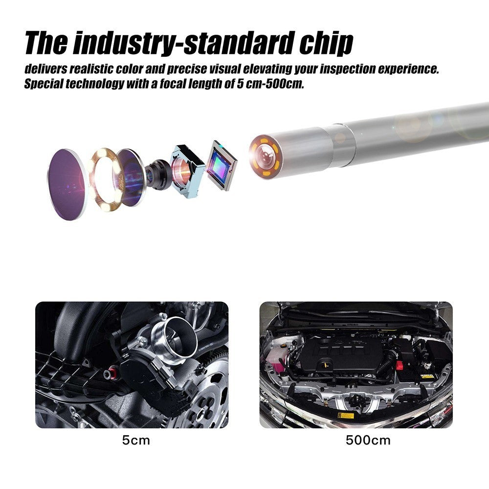 2m Hard Wire Wireless Fidelity Connected Industrial Endoscope Borescope IP67 Waterproof Inspection Camera with Built-in 6pcs Dimmable LEDs 3.9mm Lens 1960*1080 Resolution