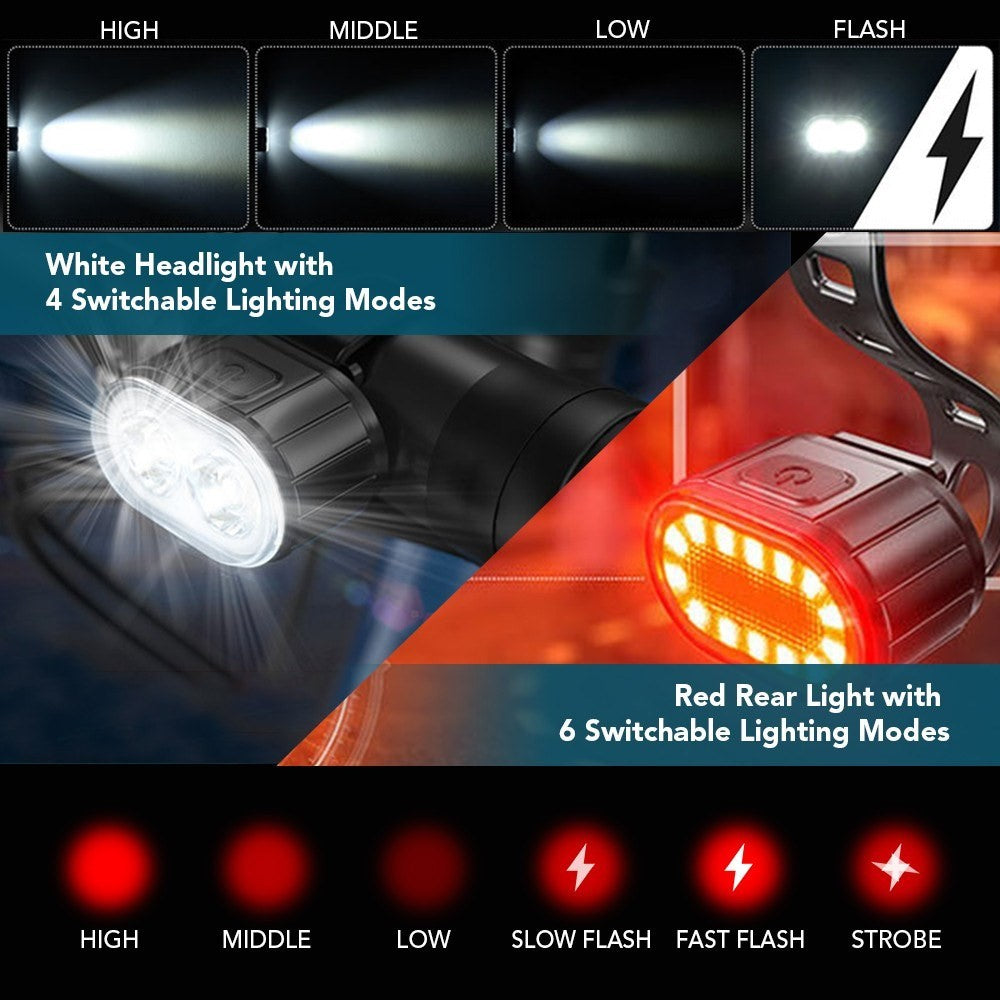 Q3 USB Rechargeable Bike Light Set IPX4 Waterproof Front and Rear Bicycle Lamps for Night Riding, 4+6 Lighting Modes